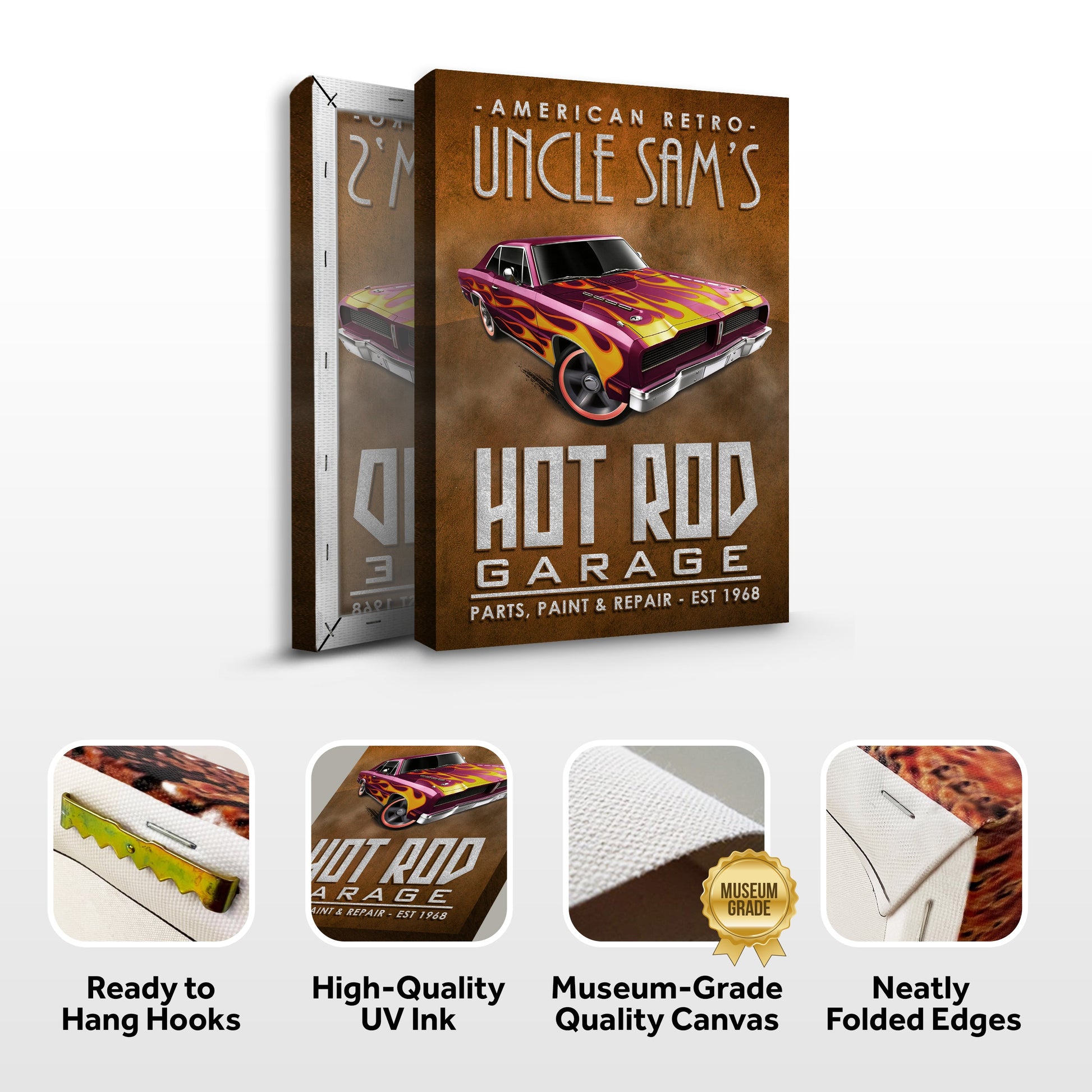 Canvas: American Retro Garage Hot Rod Sign Tailored Canvases; rust backdrop flaming car on Tampa Home & Garden Store