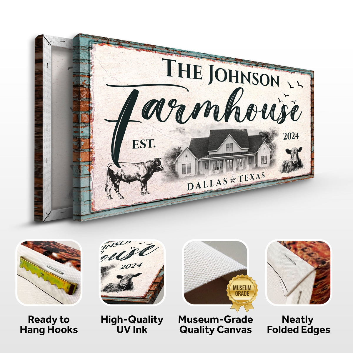 Custom Farmhouse Sign II canvas by Tailored Canvases teal frame with farm imagery on Tampa Home & Garden Store