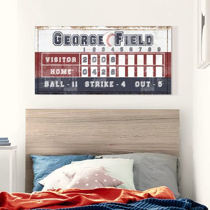 Personalized baseball scoreboard canvas sign by Tailored Canvases in red white blue design on Tampa Home & Garden Store