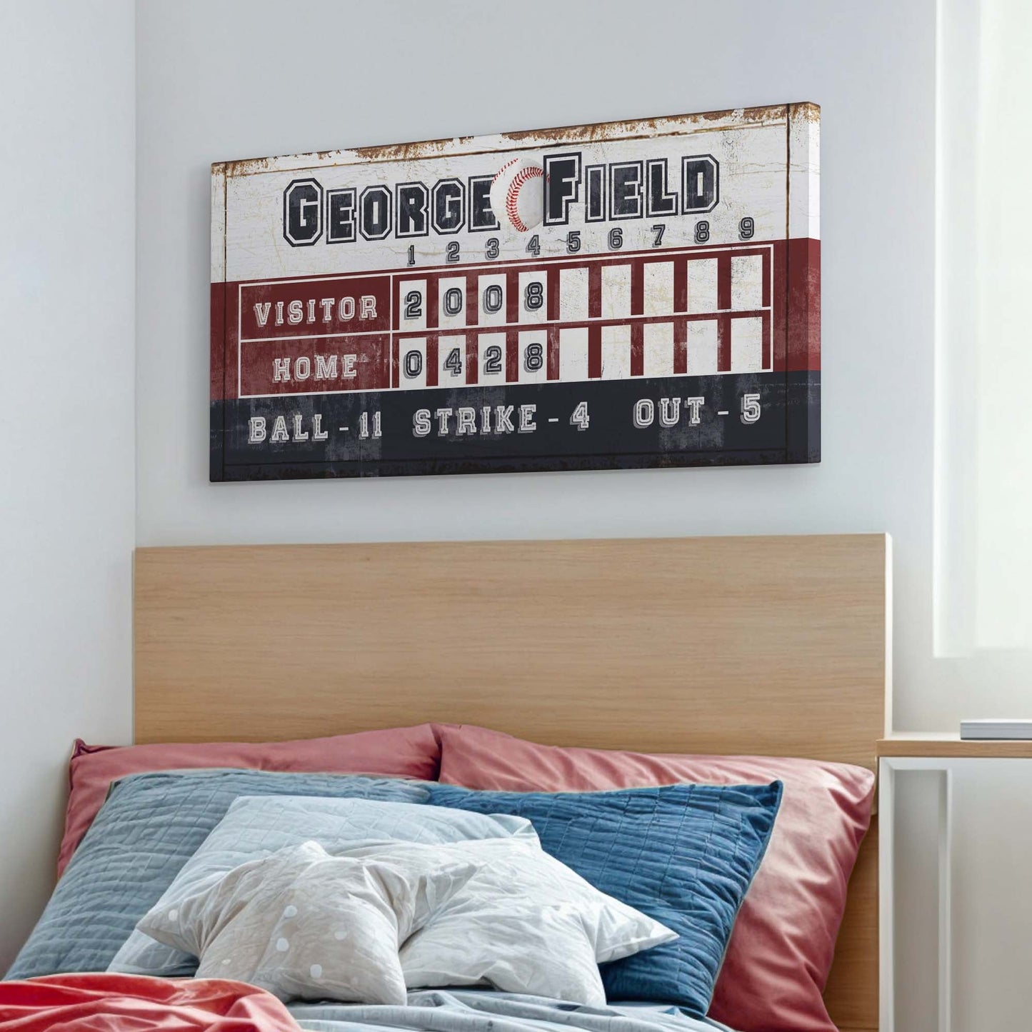 Personalized Baseball Scoreboard Sign canvas by Tailored Canvases with maroon scoreboard on Tampa Home & Garden Store