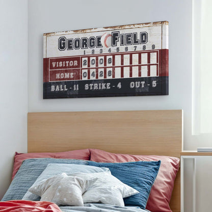 Personalized Baseball Scoreboard Sign canvas by Tailored Canvases with maroon scoreboard on Tampa Home & Garden Store