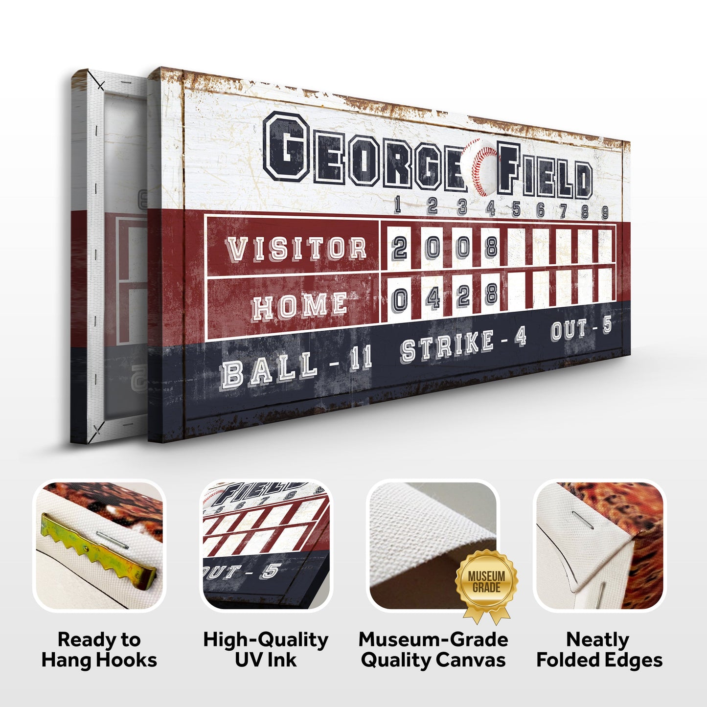Personalized Baseball Scoreboard Sign canvas with white and red panels Tailored Canvases on Tampa Home & Garden Store