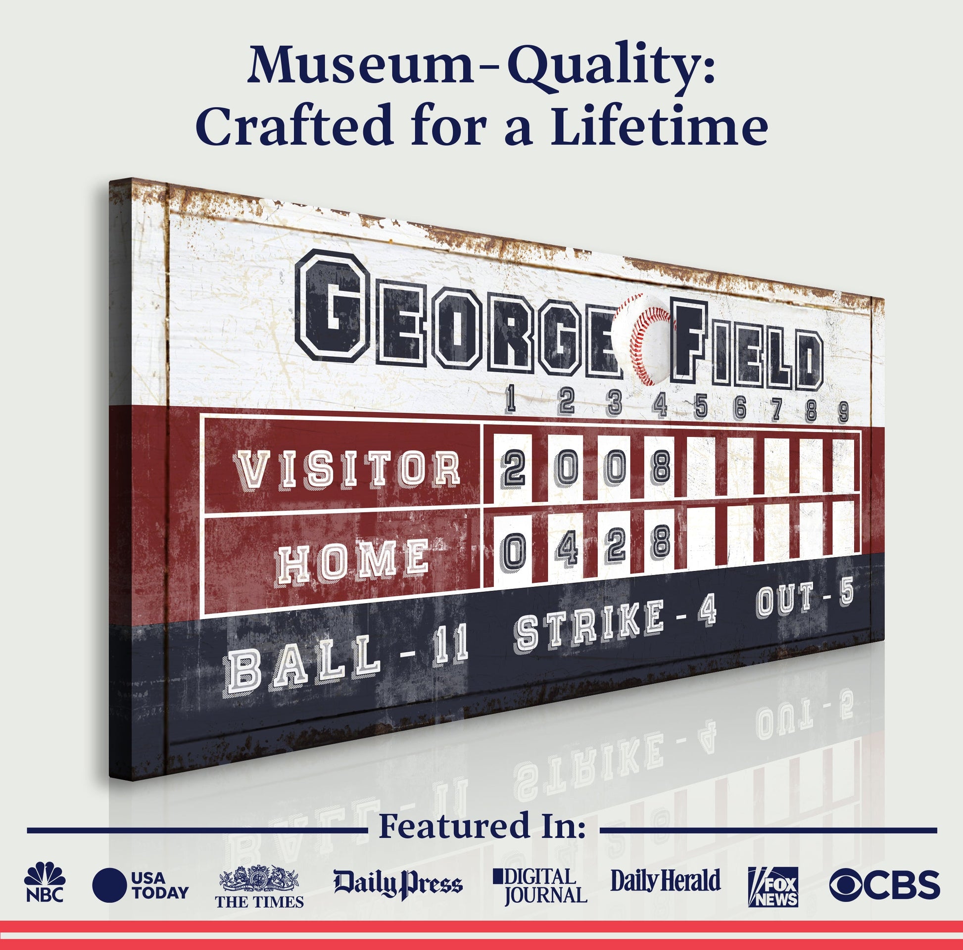 Personalized baseball scoreboard canvas with GEORGE FORD and distressed finish score area on Tampa Home & Garden Store