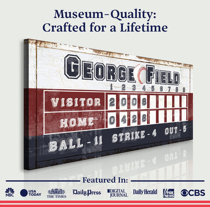 Personalized baseball scoreboard canvas with GEORGE FORD and distressed finish score area on Tampa Home & Garden Store