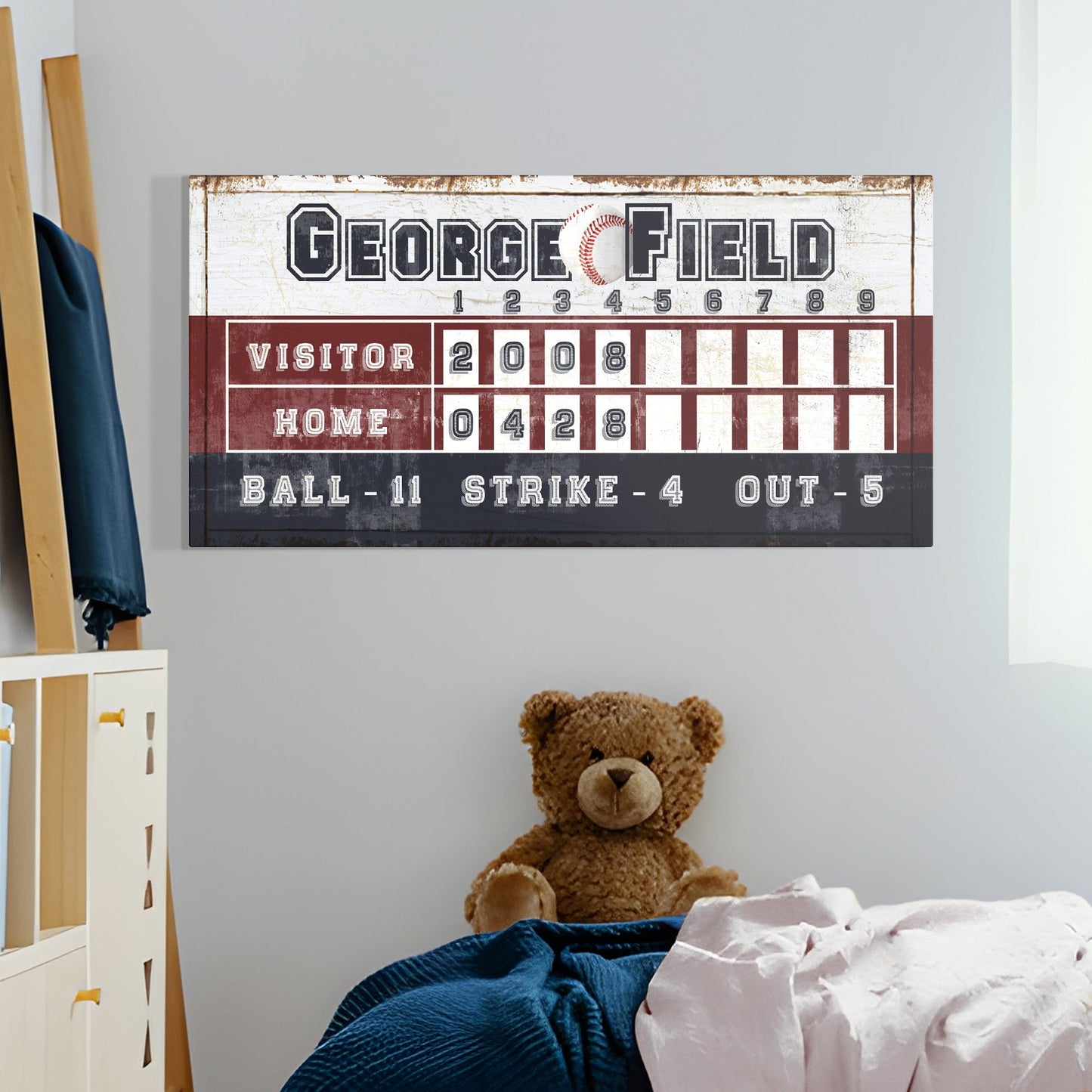 Personalized Baseball Scoreboard Canvas by Tailored Canvases featuring GEORGE FIELD graphic on Tampa Home & Garden Store