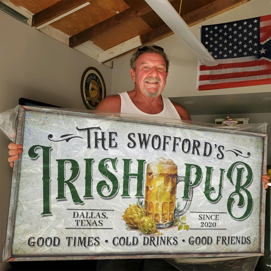 Custom Irish Pub Bar Sign II canvas by Tailored Canvases with IRISH PUB lettering and beer mug on Tampa Home & Garden Store