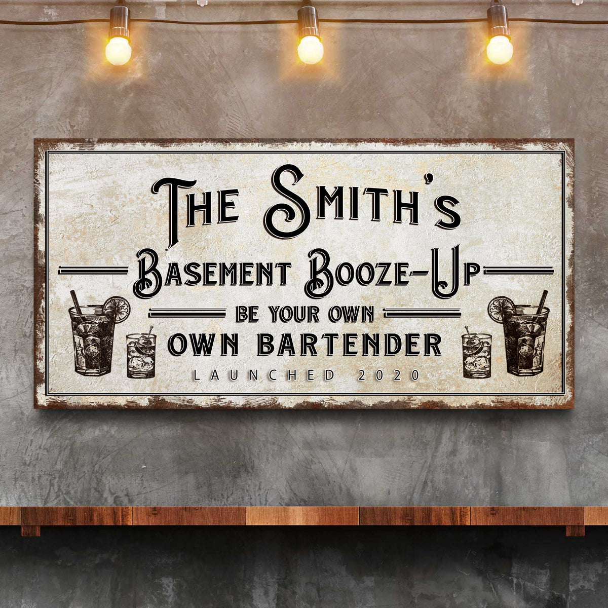 Basement Booze-Up Sign canvas by Tailored Canvases, vintage-style framed crafting canvas on Tampa Home & Garden Store