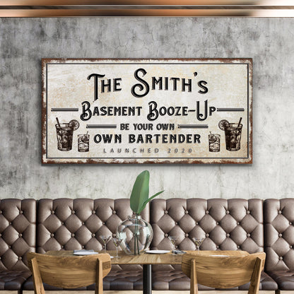 Basement Booze-Up Sign canvas by Tailored Canvases with vintage beige distressed panel and brown frame on Tampa Home & Garden Store