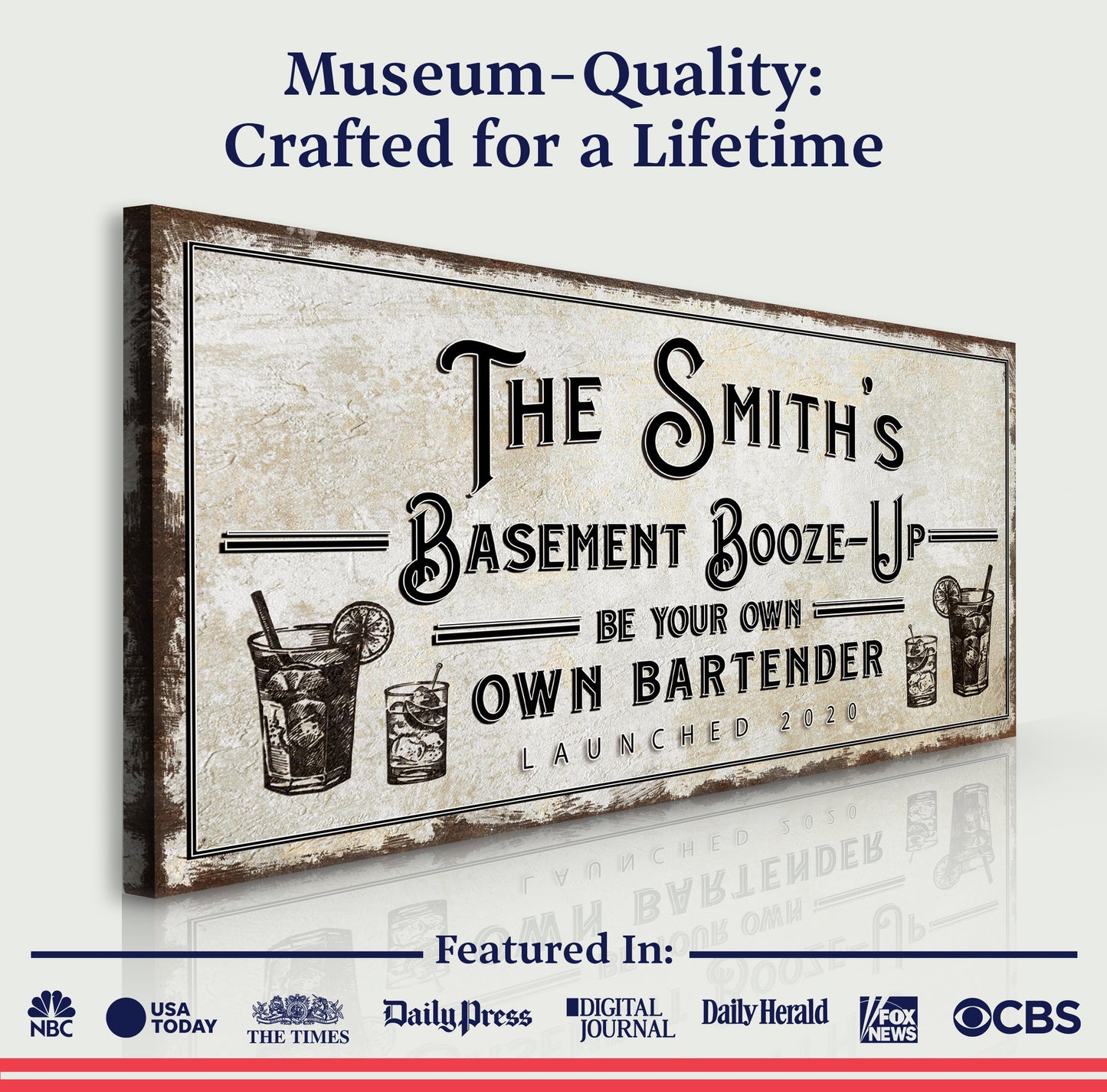 Basement Booze-Up Sign canvas by Tailored Canvases with cream texture and bold serif lettering on Tampa Home & Garden Store