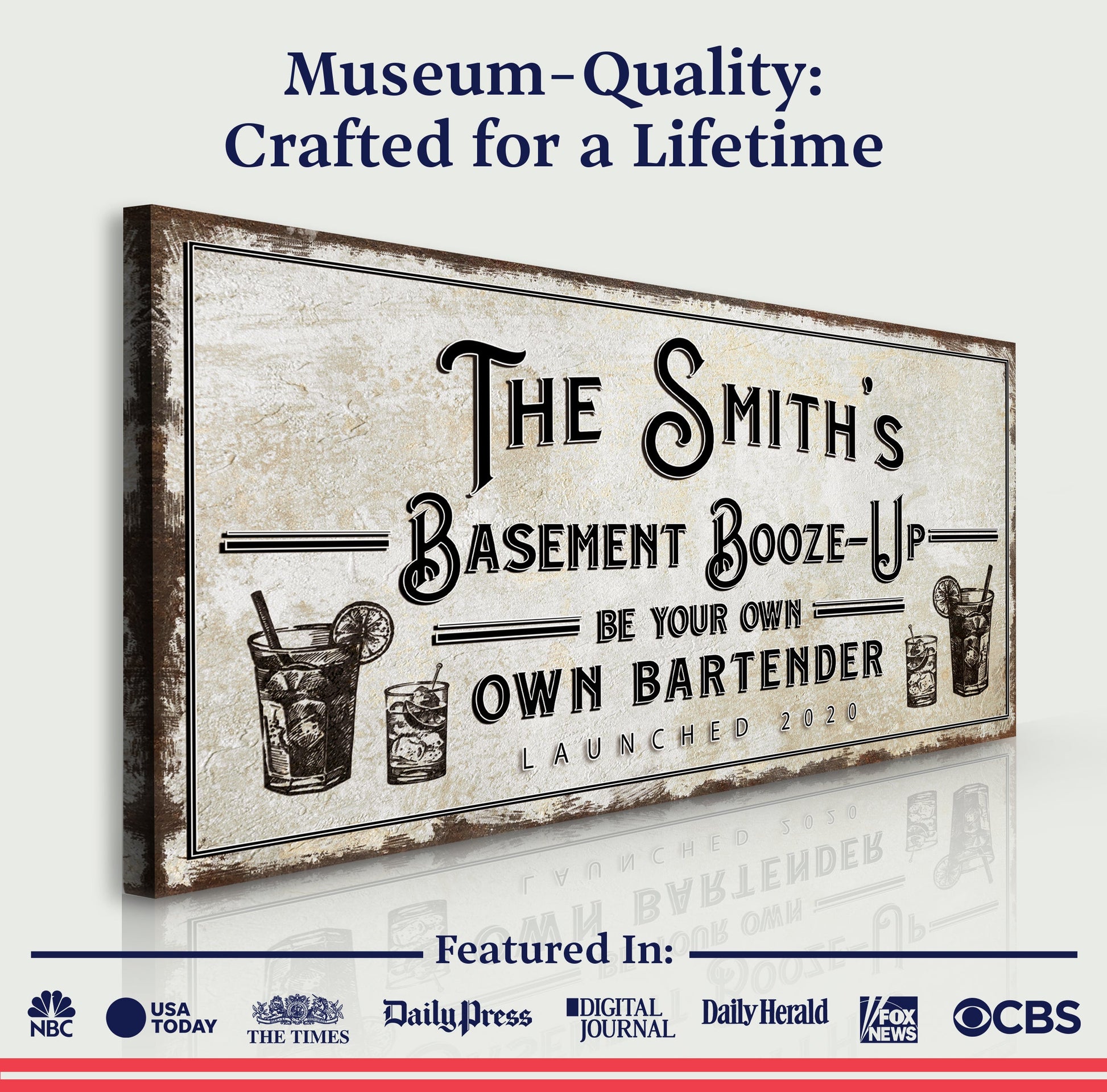 Basement Booze-Up Sign canvas by Tailored Canvases with cream texture and bold serif lettering on Tampa Home & Garden Store