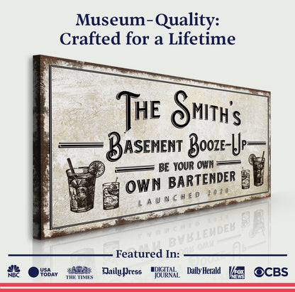 Basement Booze-Up Sign canvas by Tailored Canvases with cream texture and bold serif lettering on Tampa Home & Garden Store