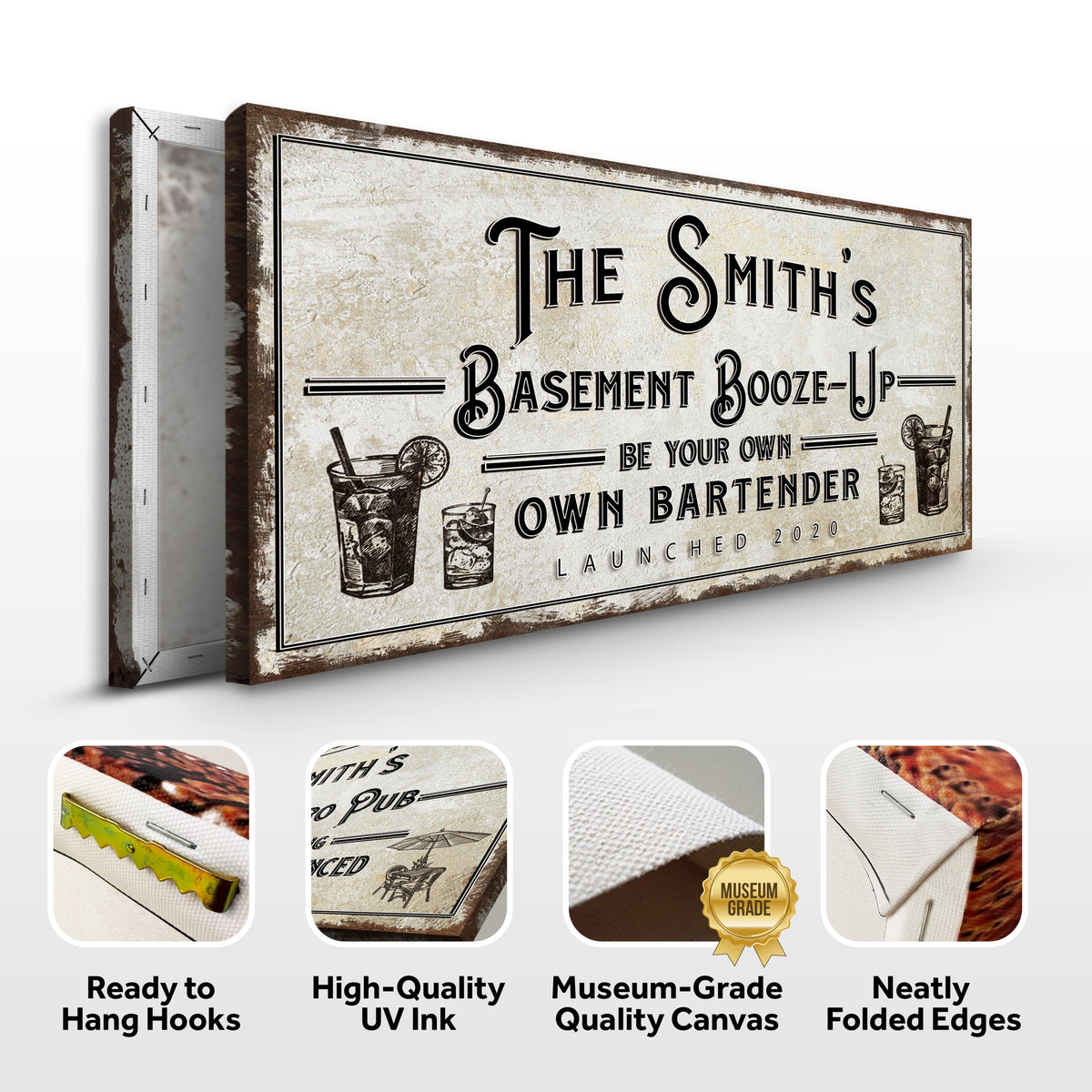 Basement Booze Up Sign canvas by Tailored Canvases, rustic parchment with drink illustrations on Tampa Home & Garden Store