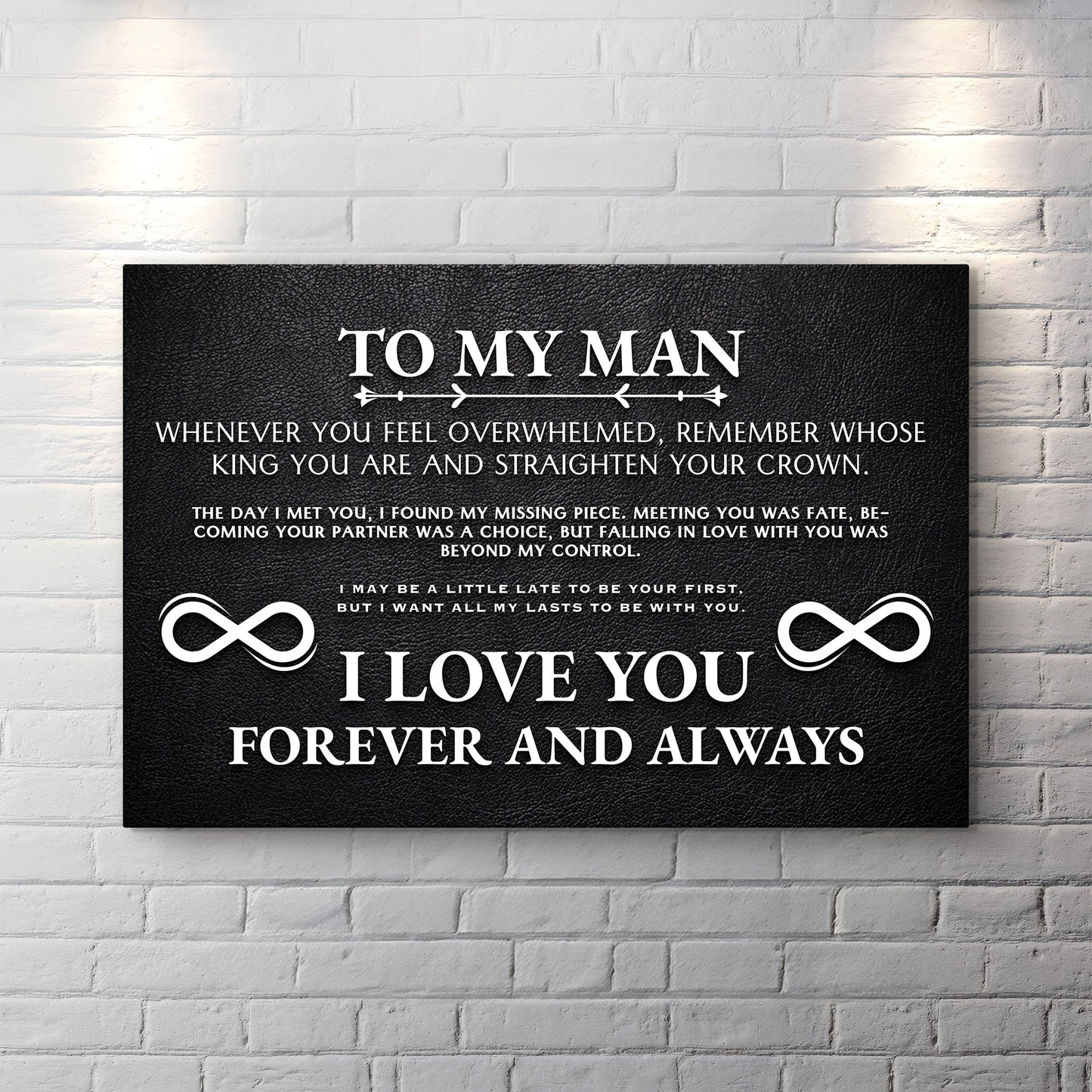 To My Man Father's Day Gift Sign II canvas with TO MY MAN and arrows on black textured surface on Tampa Home & Garden Store