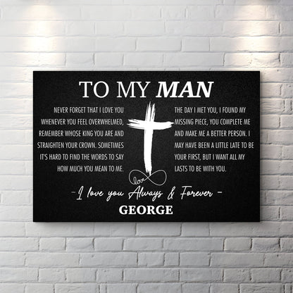 Canvas sign To My Man Father's Day Gift with white lettering on black background on Tampa Home & Garden Store
