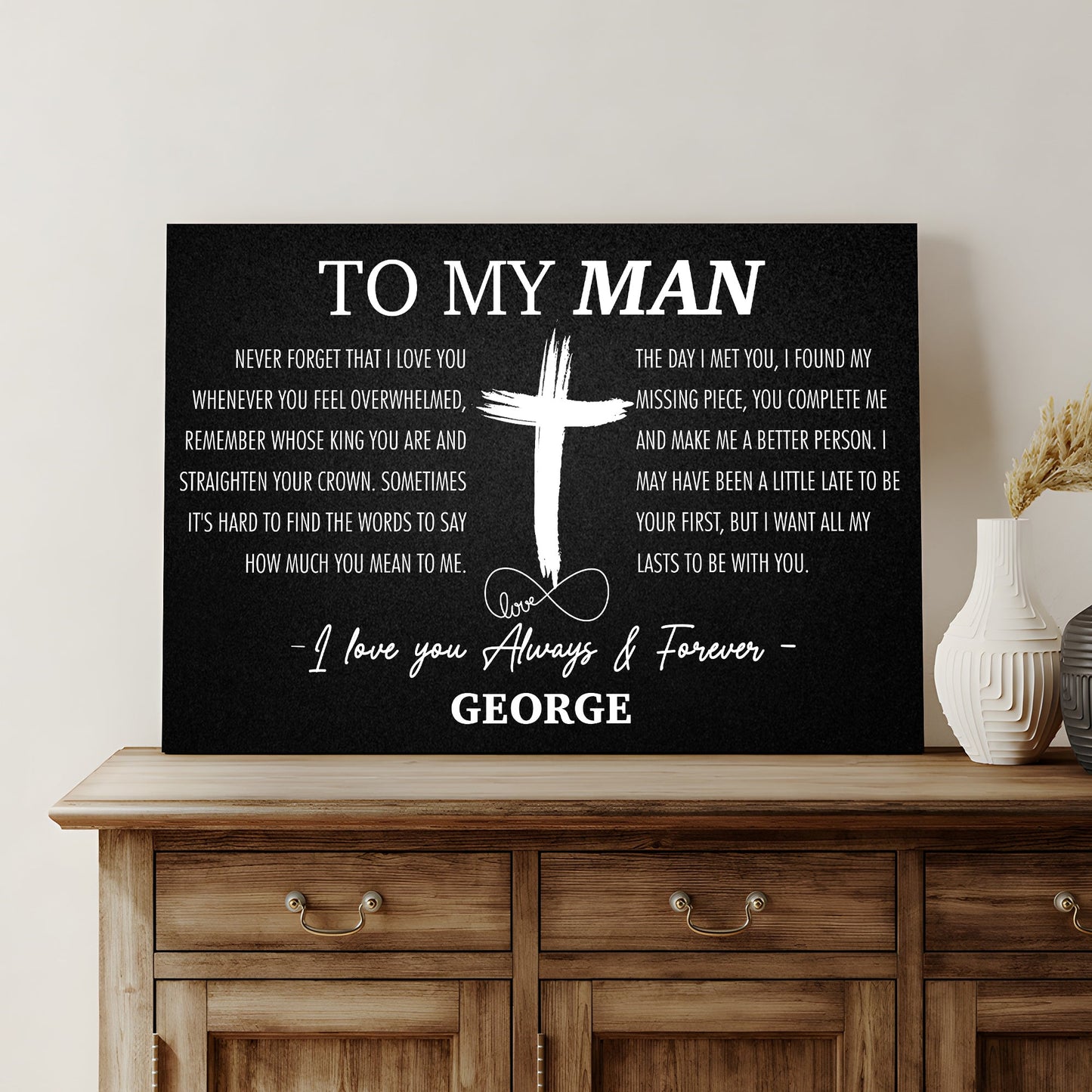 Canvas sign TO MY MAN with white text and cross graphic on black textured surface on Tampa Home & Garden Store