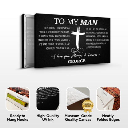 To My Man Father's Day Gift Sign canvas by Tailored Canvases with white text and cross on Tampa Home & Garden Store