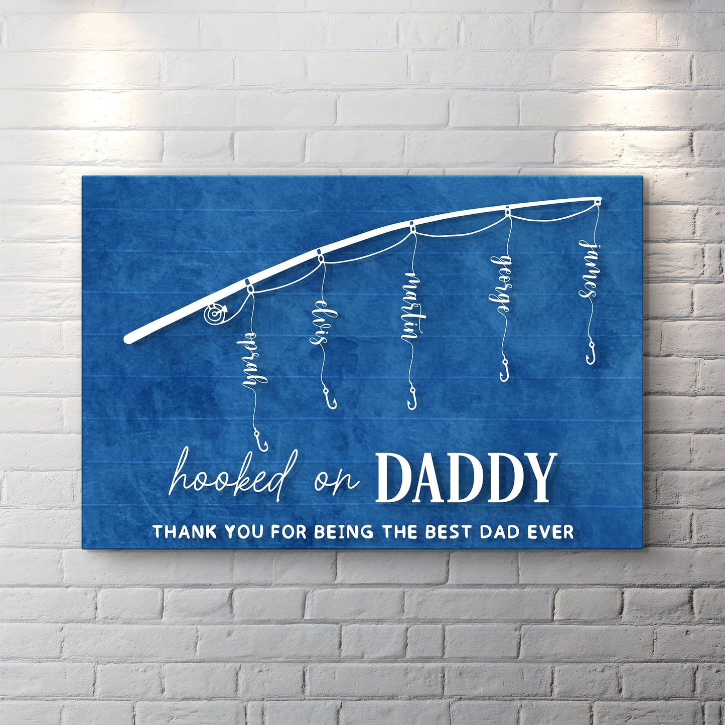 Canvas Hooked On Daddy Father's Day Gift Sign by Tailored Canvases; blue with string lights on Tampa Home & Garden Store