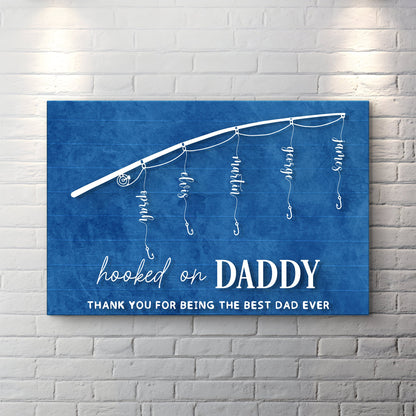 Canvas Hooked On Daddy Father's Day Gift Sign by Tailored Canvases; blue with string lights on Tampa Home & Garden Store