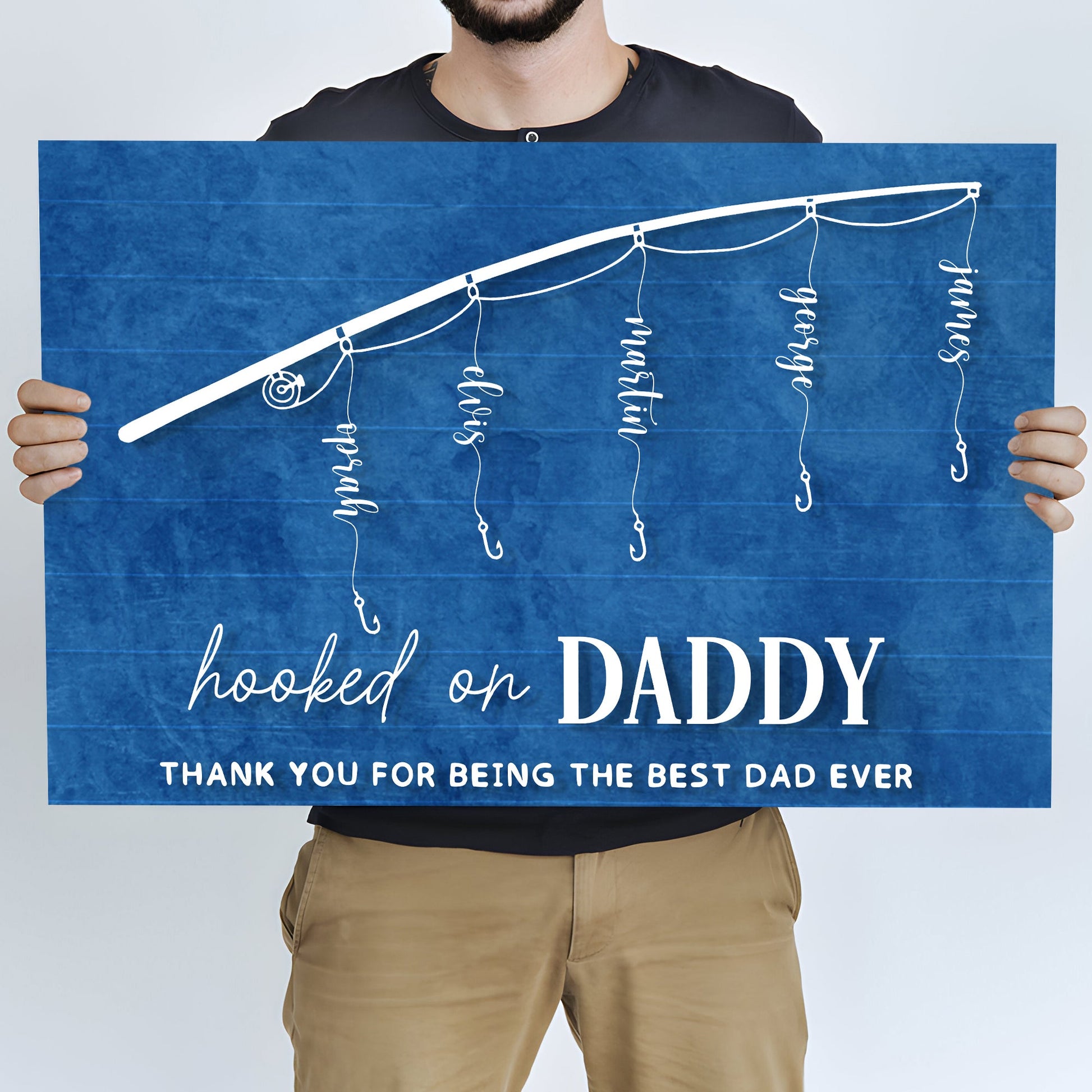 Canvas sign Hooked On Daddy Father's Day gift, blue Tailored Canvases crafting canvas on Tampa Home & Garden Store