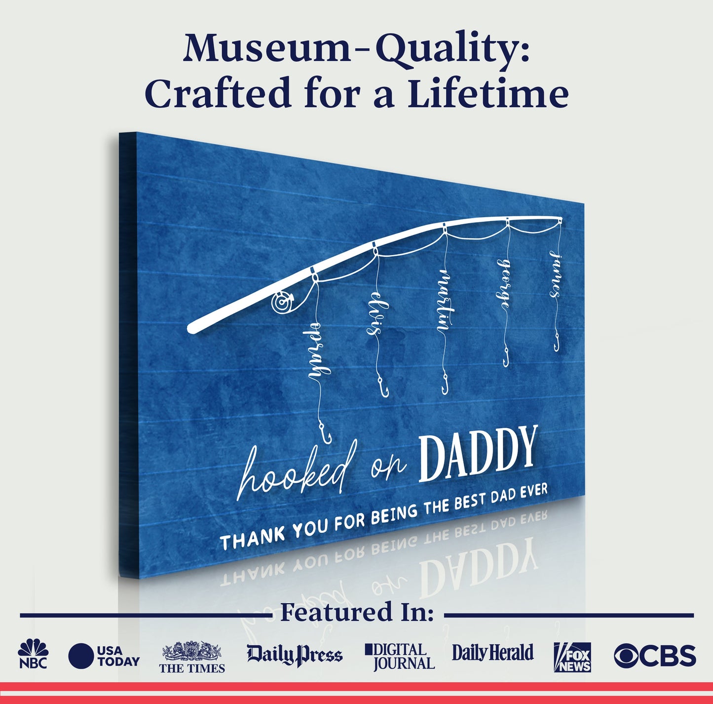 Tailored Canvases Hooked On Daddy Father's Day Gift Sign canvas, blue with white string-light on Tampa Home & Garden Store
