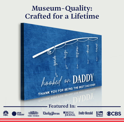 Tailored Canvases Hooked On Daddy Father's Day Gift Sign canvas, blue with white string-light on Tampa Home & Garden Store