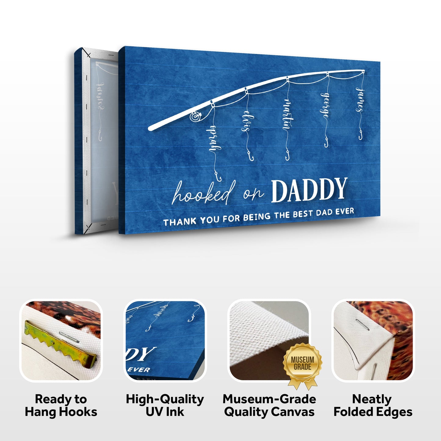 Canvas Hooked On Daddy Father's Day Sign, blue backdrop with white script text Tailored Canvases on Tampa Home & Garden Store