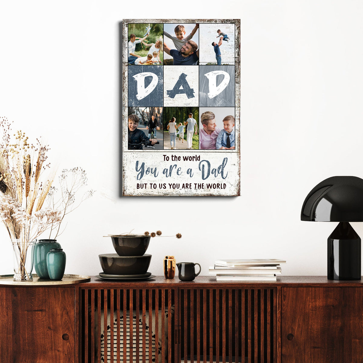 Canvas sign by Tailored Canvases with DAD letters and family photos in a rustic wood frame on Tampa Home & Garden Store