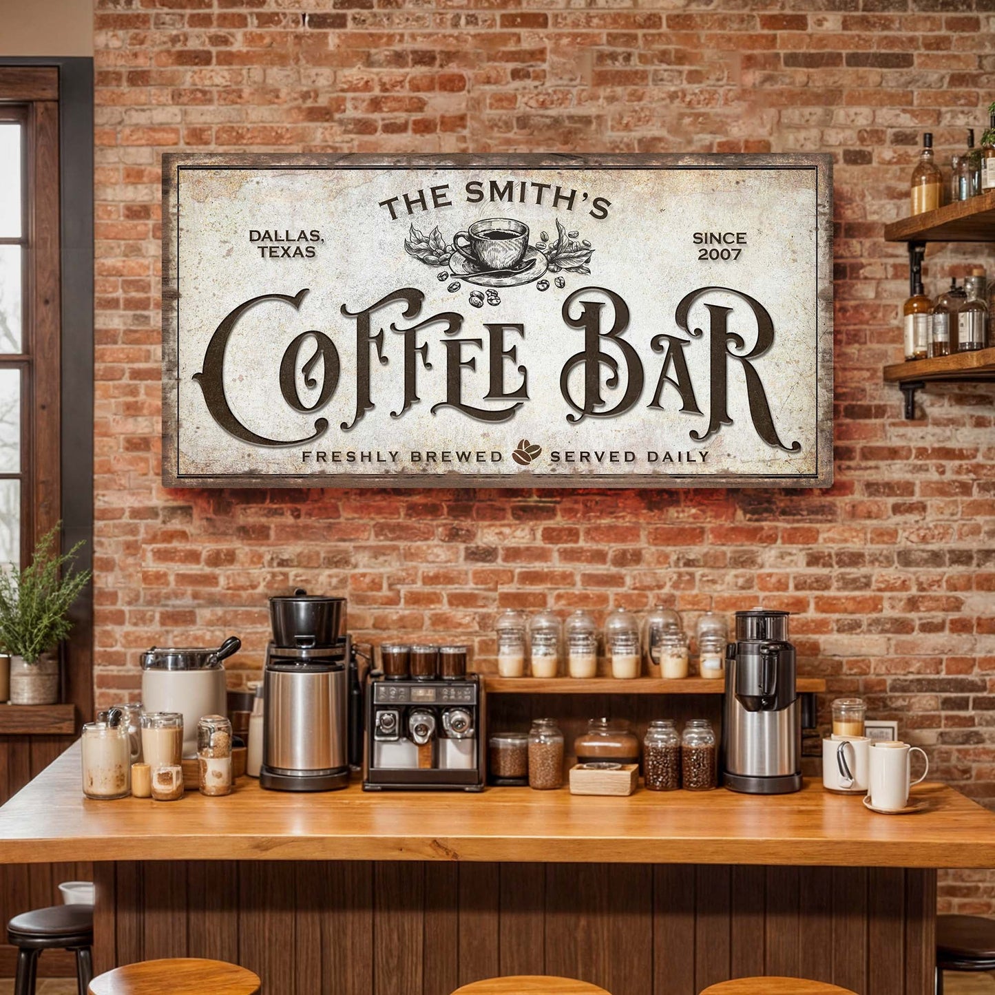 Coffee Bar Sign VII canvas by Tailored Canvases with vintage coffee artwork on brick wall on Tampa Home & Garden Store