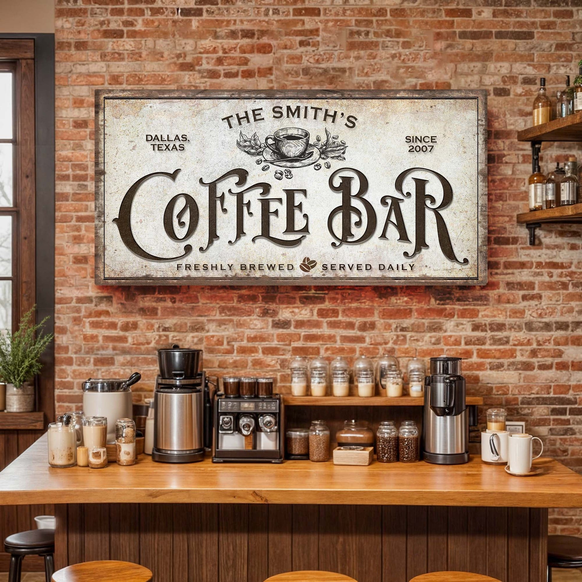 Coffee Bar Sign VII canvas by Tailored Canvases with vintage coffee artwork on brick wall on Tampa Home & Garden Store