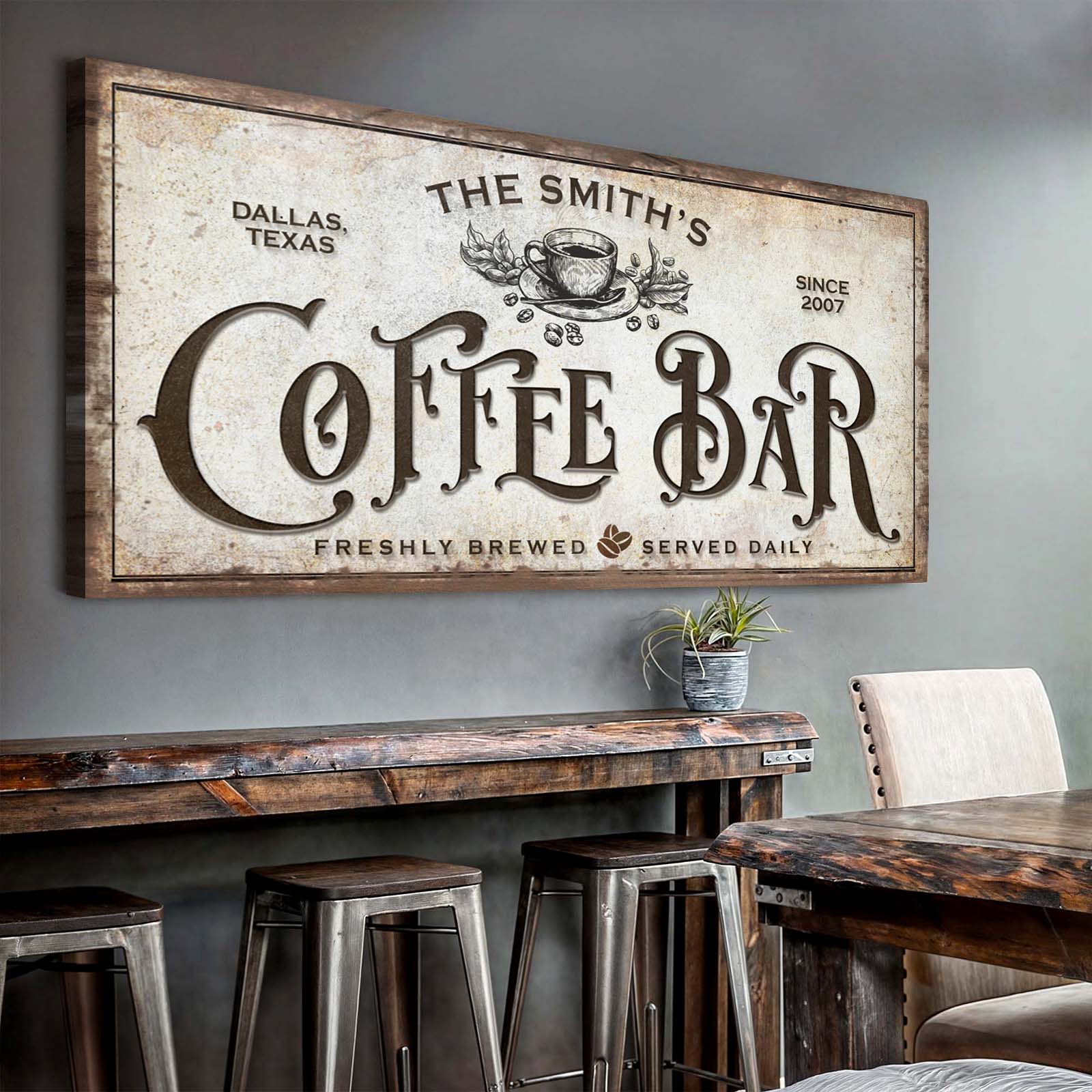 Coffee Bar Sign VII canvas wall art with coffee cup motif, Dallas TX by Tailored Canvases on Tampa Home & Garden Store