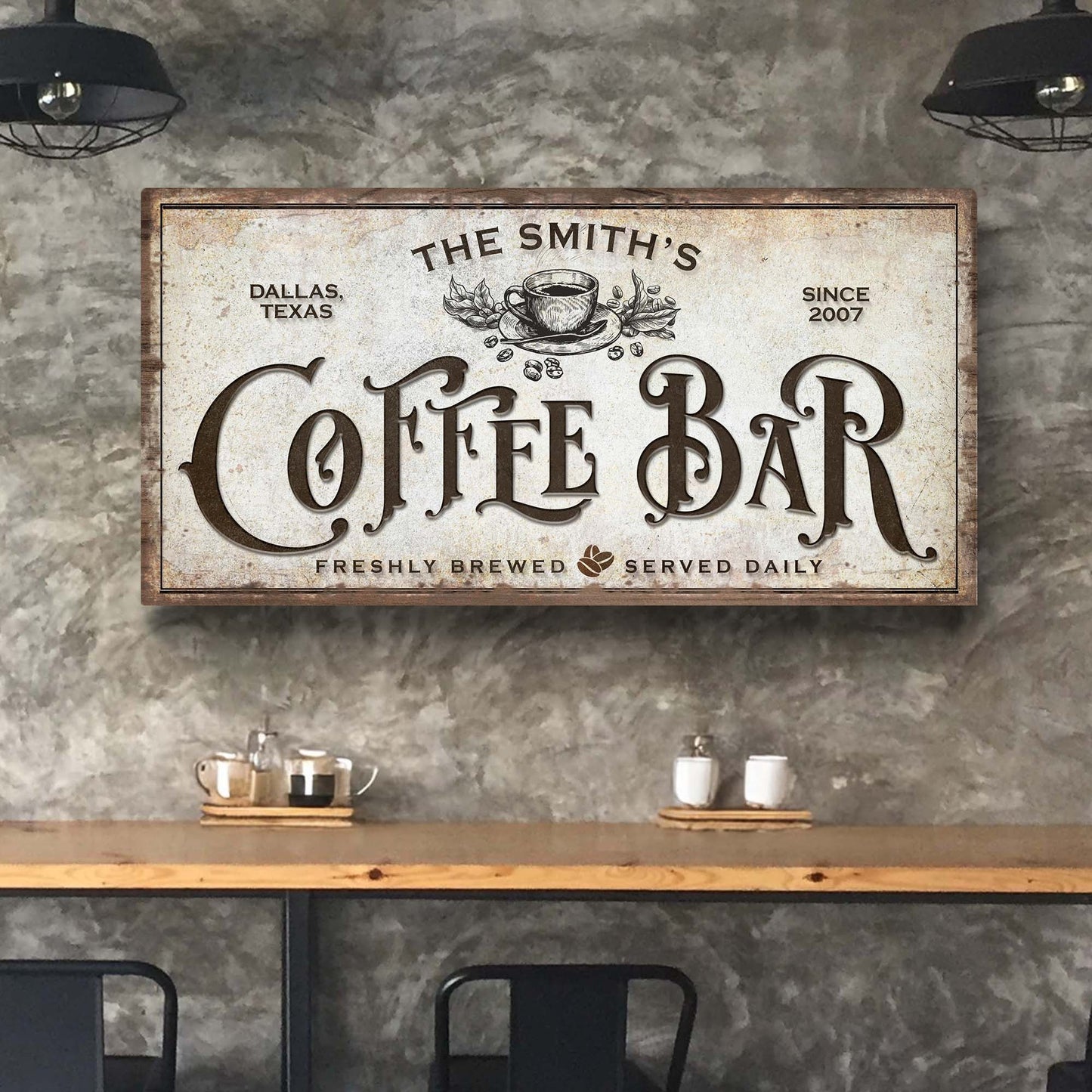 Coffee Bar canvas sign with vintage coffee cup illustration and aged border on gray wall on Tampa Home & Garden Store