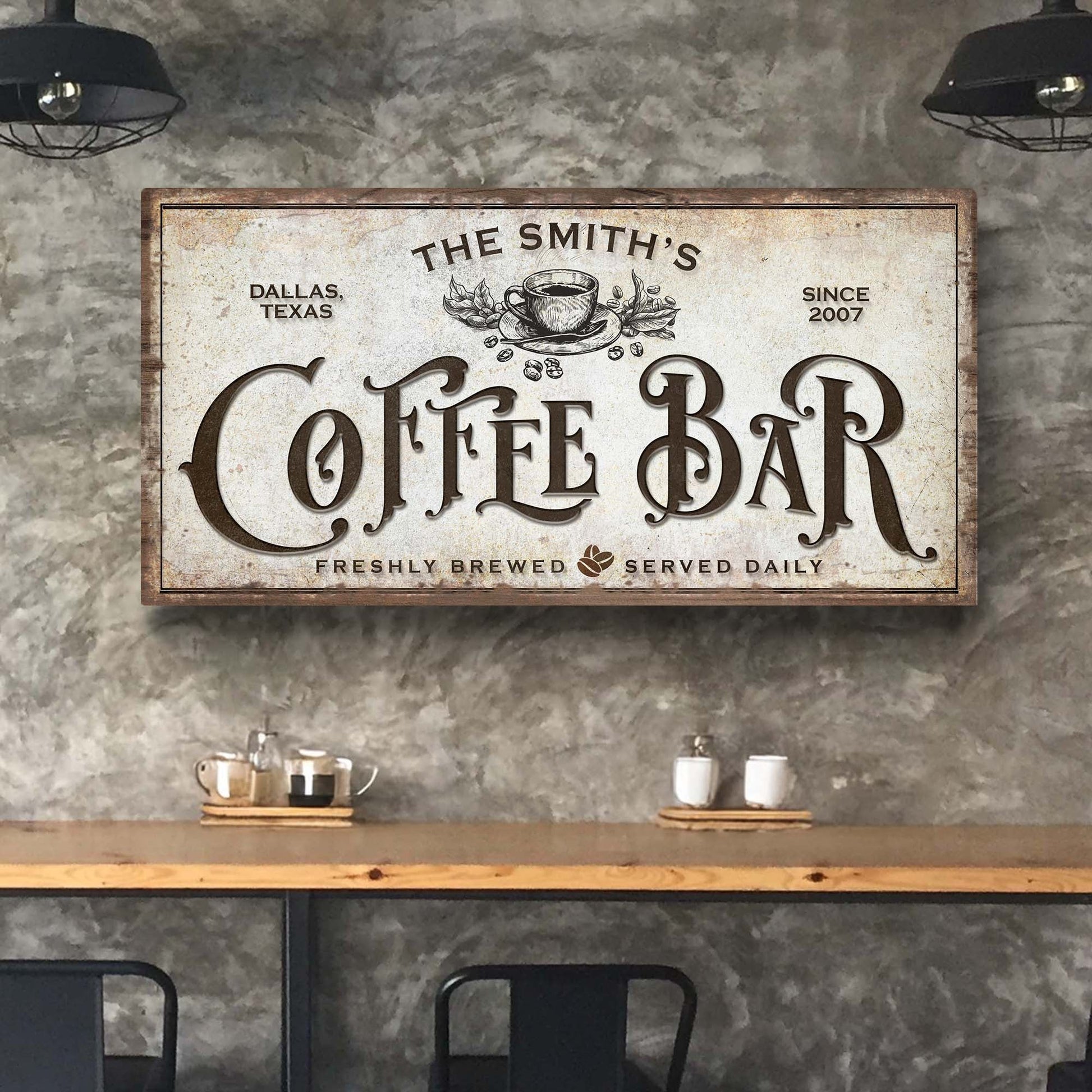 Coffee Bar canvas sign with vintage coffee cup illustration and aged border on gray wall on Tampa Home & Garden Store