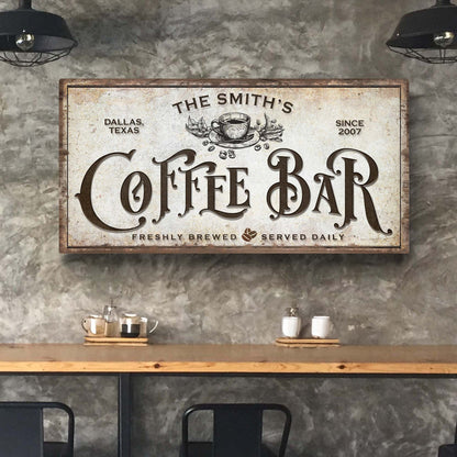 Coffee Bar canvas sign with vintage coffee cup illustration and aged border on gray wall on Tampa Home & Garden Store