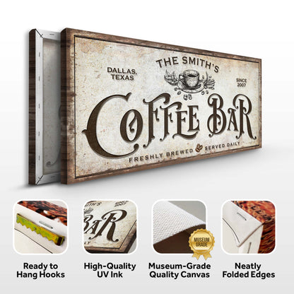 Coffee Bar Sign VII canvas by Tailored Canvases; vintage coffee-wall art with cup illustration, Dallas, Texas on Tampa Home & Garden Store