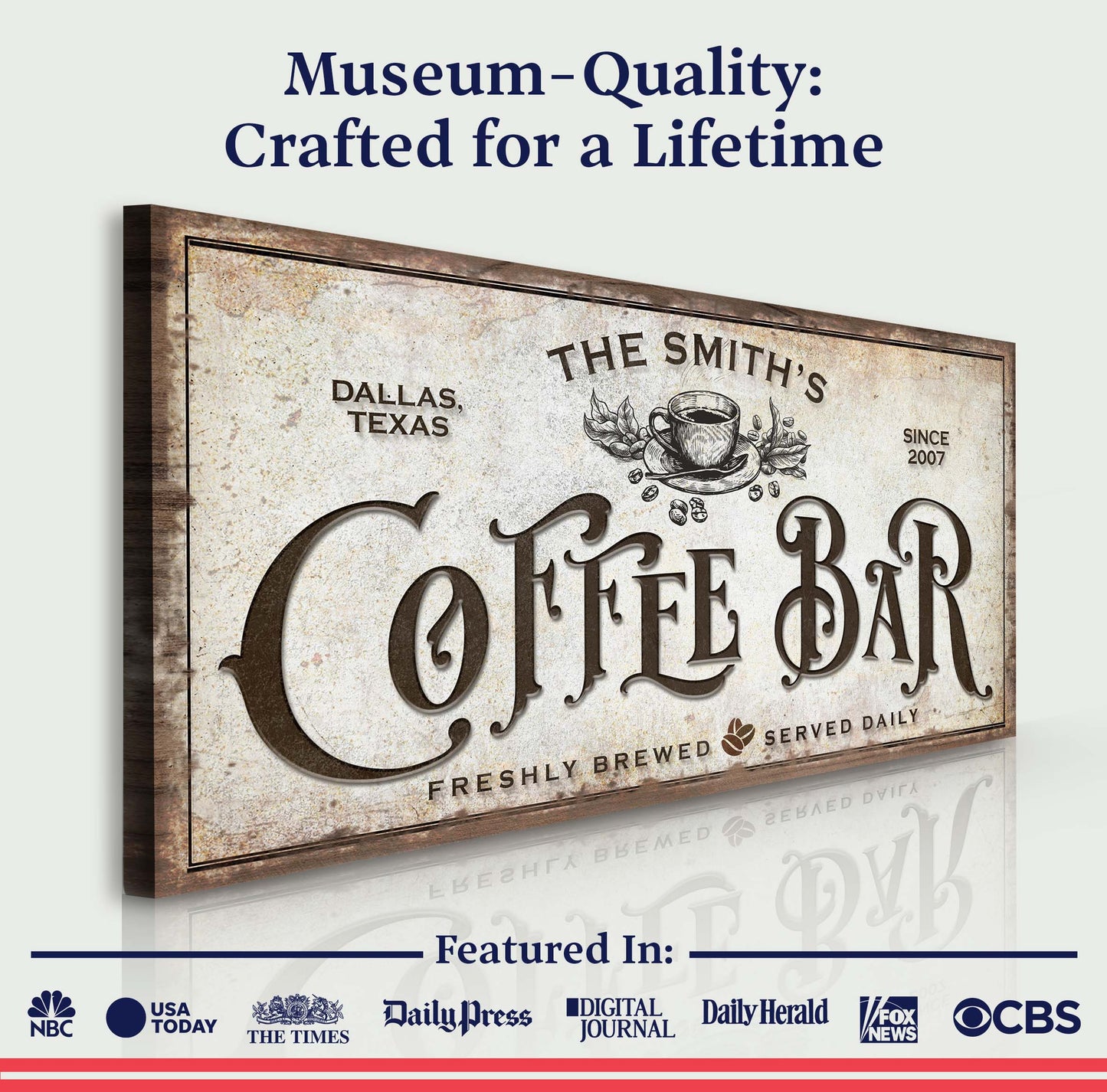 Coffee Bar Sign VII canvas by Tailored Canvases, distressed vintage coffee sign on wood frame on Tampa Home & Garden Store