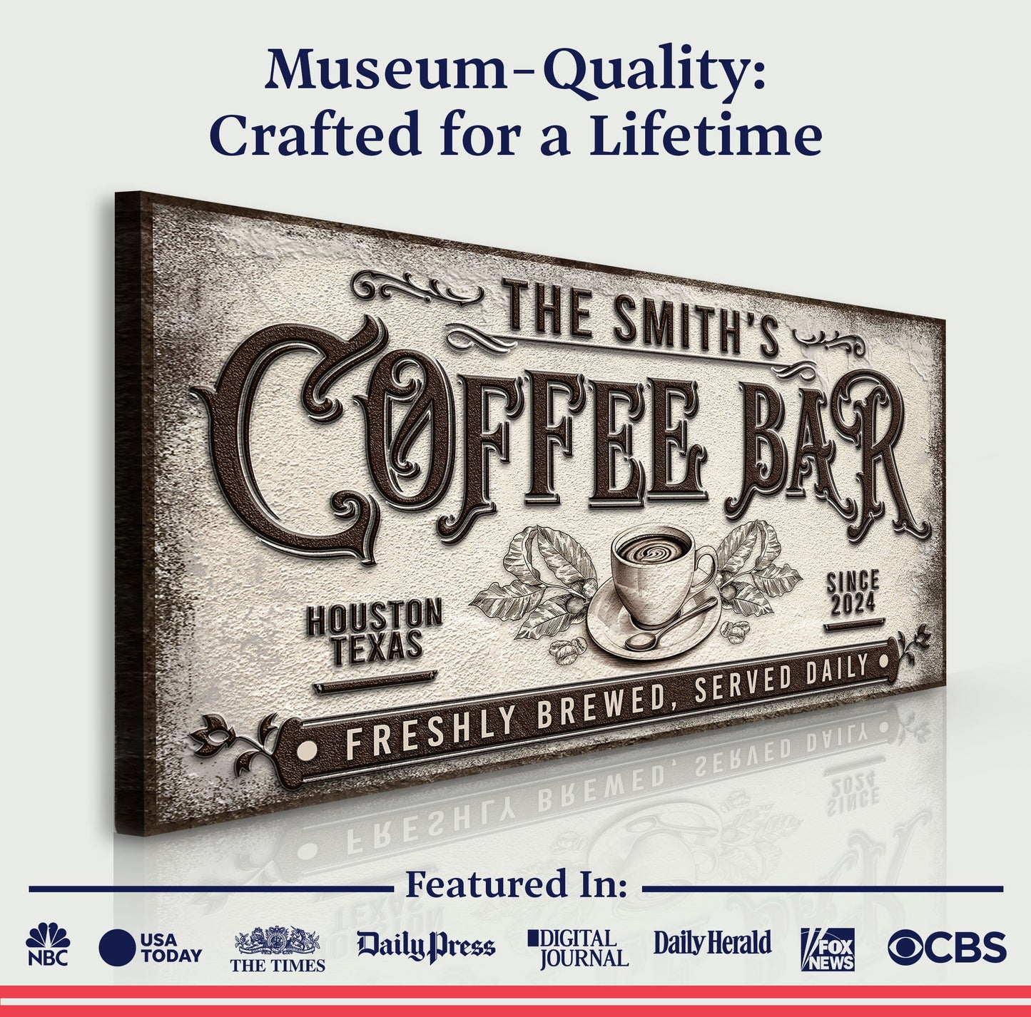 Coffee Bar Sign Canvas with vintage brown embossed lettering and coffee cup illustration on Tampa Home & Garden Store