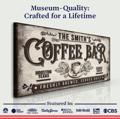Coffee Bar Sign Canvas with vintage brown embossed lettering and coffee cup illustration on Tampa Home & Garden Store