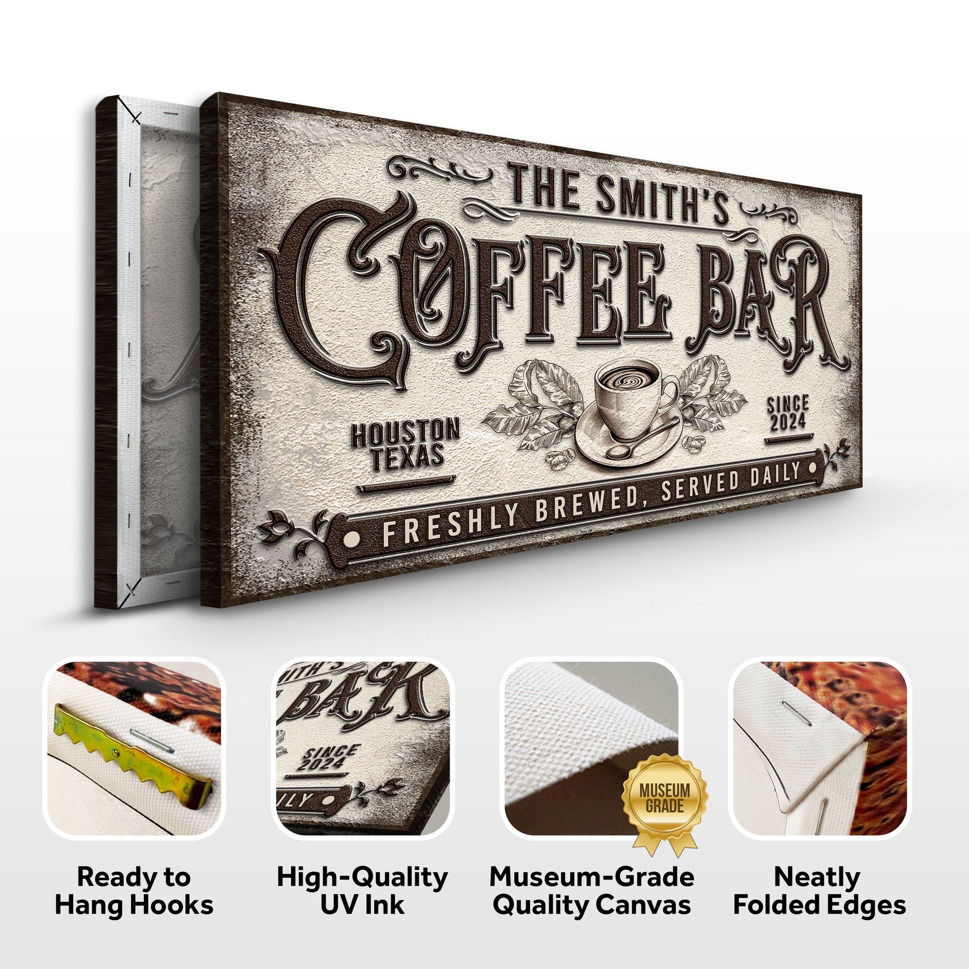 Coffee Bar Sign X canvas print by Tailored Canvases, vintage distressed brown lettering on Tampa Home & Garden Store