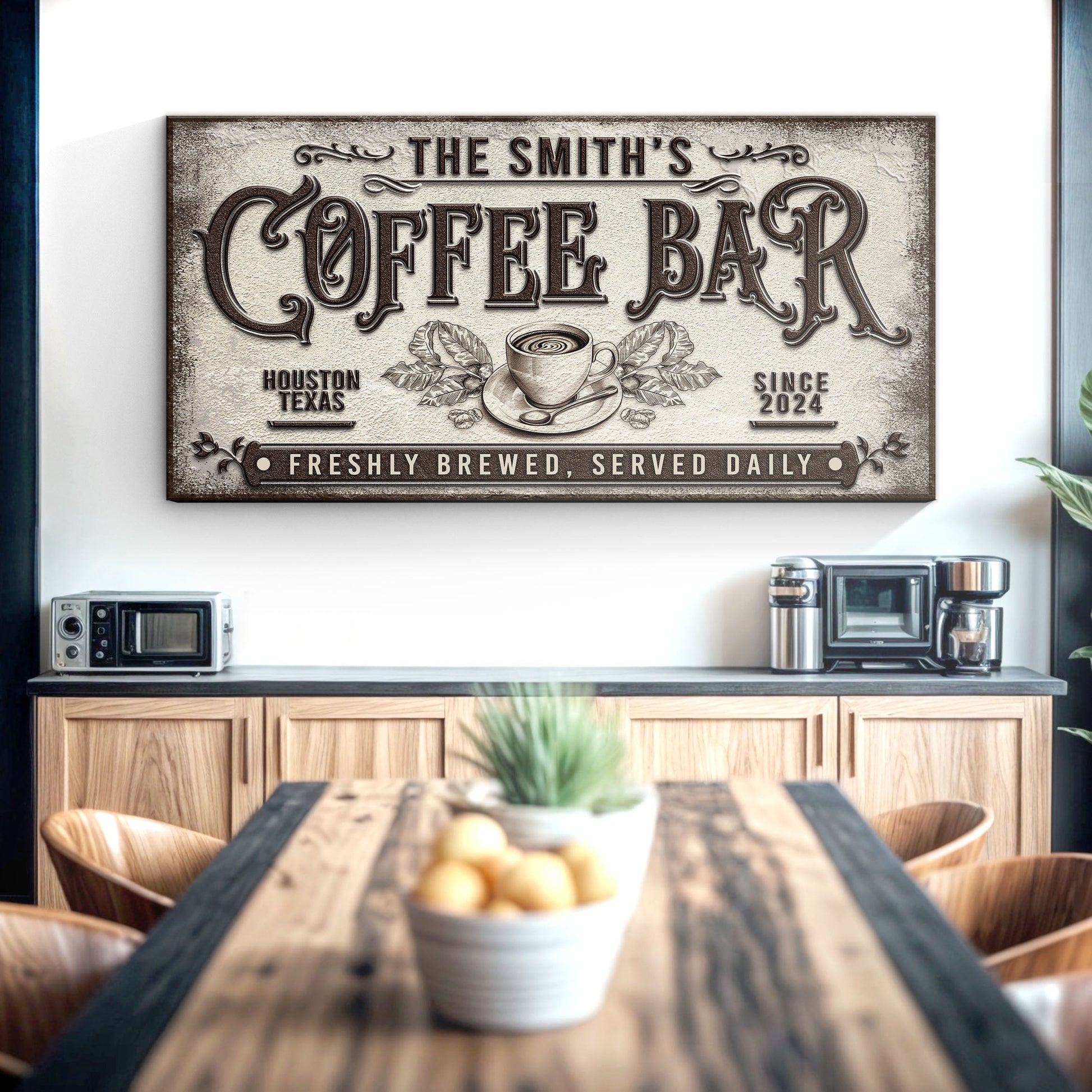 Coffee bar sign canvas by Tailored Canvases with brown relief lettering and coffee cup motif on Tampa Home & Garden Store