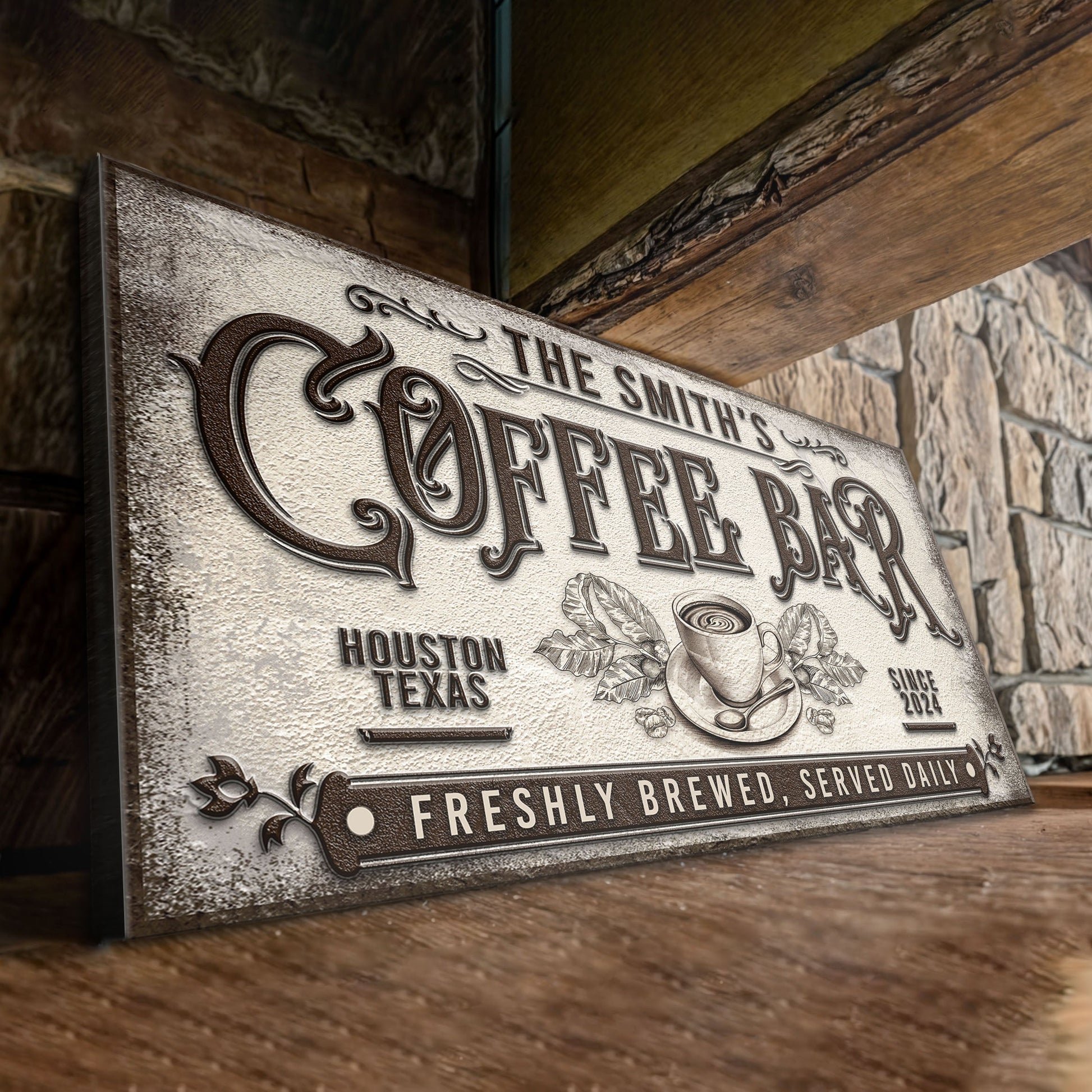 Coffee Bar Sign canvas panel with embossed bronze lettering and coffee motif on Tampa Home & Garden Store
