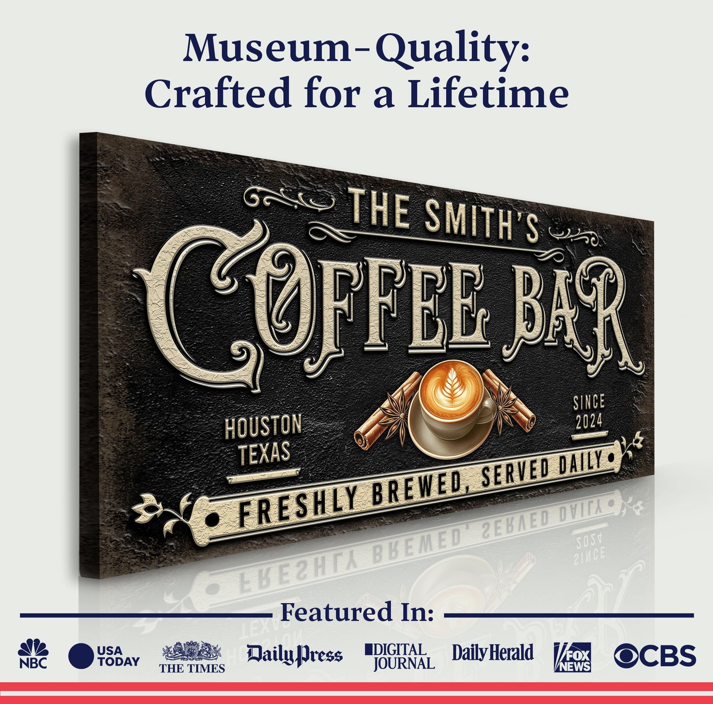 Coffee Bar Sign XII canvas by Tailored Canvases with cream text on dark textured backdrop on Tampa Home & Garden Store