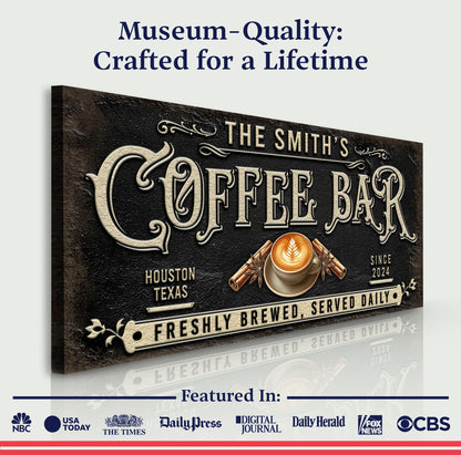 Coffee Bar Sign XII canvas by Tailored Canvases with cream text on dark textured backdrop on Tampa Home & Garden Store