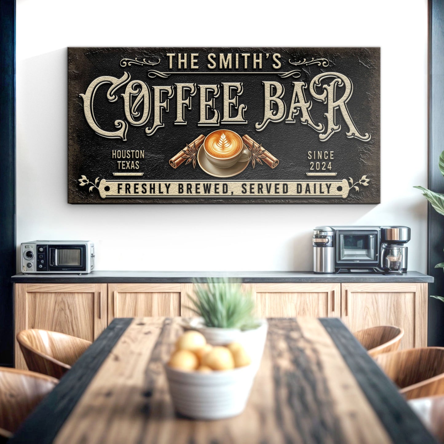 Coffee Bar Sign XII canvas by Tailored Canvases with beige lettering on dark textured surface on Tampa Home & Garden Store
