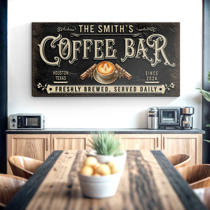 Coffee Bar Sign XII canvas by Tailored Canvases with beige lettering on dark textured surface on Tampa Home & Garden Store