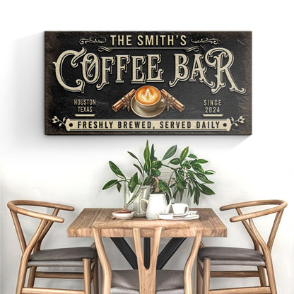 Coffee Bar Sign XII canvas by Tailored Canvases; cream ornate letters with coffee cup motif on Tampa Home & Garden Store
