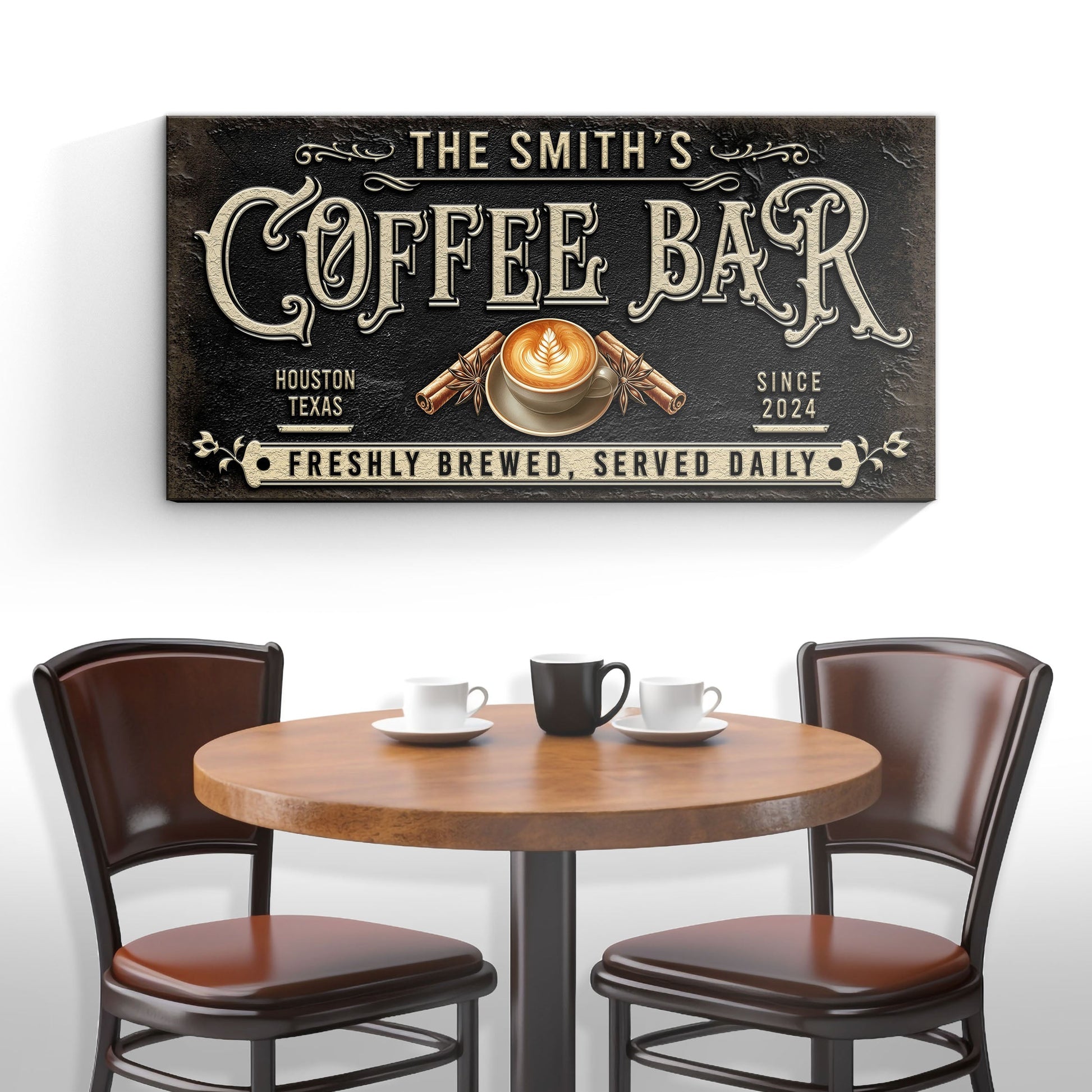 Coffee Bar Sign XII canvas by Tailored Canvases; ornate typography with latte cup motif on Tampa Home & Garden Store