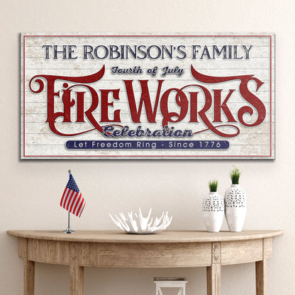 Canvas sign Robinson's Family 4th of July Fireworks Celebration red lettering on Tampa Home & Garden Store