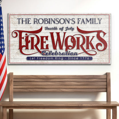 Canvas sign distressed white wood, The Robinson's Family Fourth of July Fireworks design on Tampa Home & Garden Store
