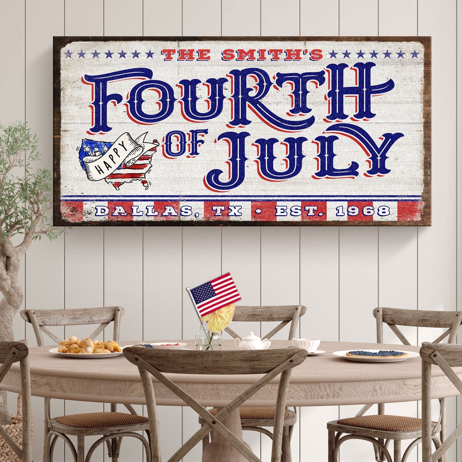 4th of July Personalized Welcome Sign canvas by Tailored Canvases with patriotic blue and red typography on Tampa Home & Garden Store