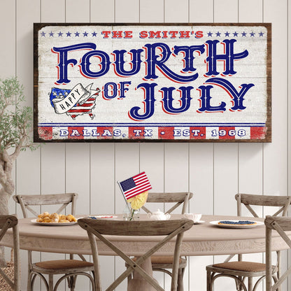 4th of July Personalized Welcome Sign canvas by Tailored Canvases with patriotic blue and red typography on Tampa Home & Garden Store